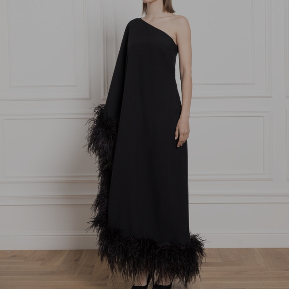 Taller Marmo Black Feathered Ubud One-Shoulder Dress, (NEW W Tag, Size 42)